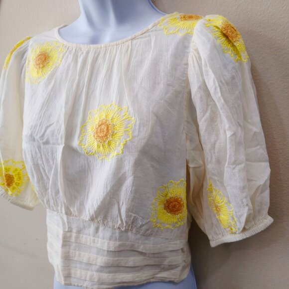 Free People My Girl Sunflower White Cotton Blouse Puff Sleeves & Back Button S - Picture 9 of 14